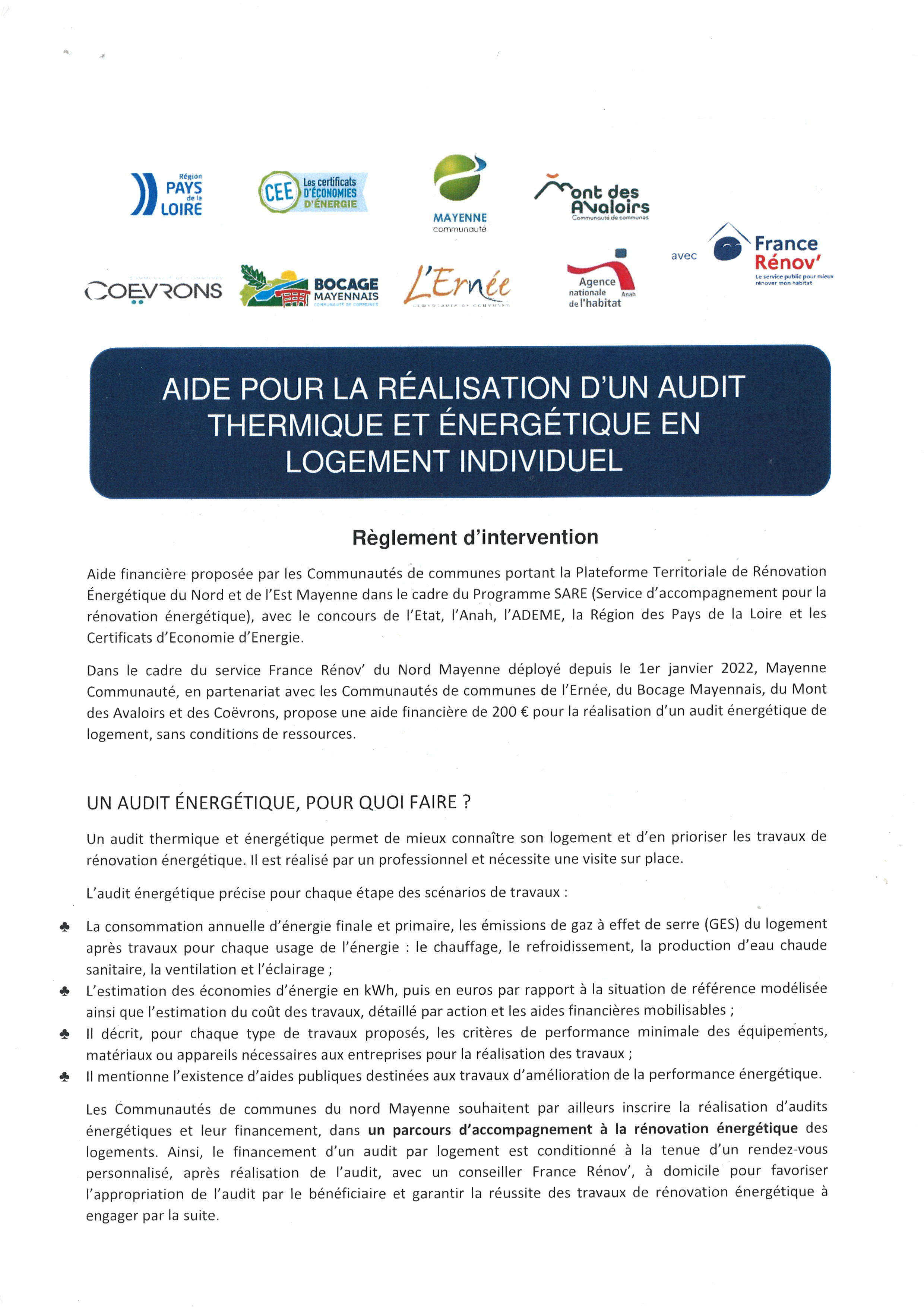 chèque de 200 € pour la réalisation d'un audit énergétique
