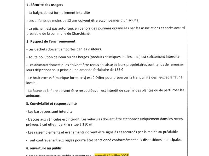 ouverture au public du plan d'eau communal